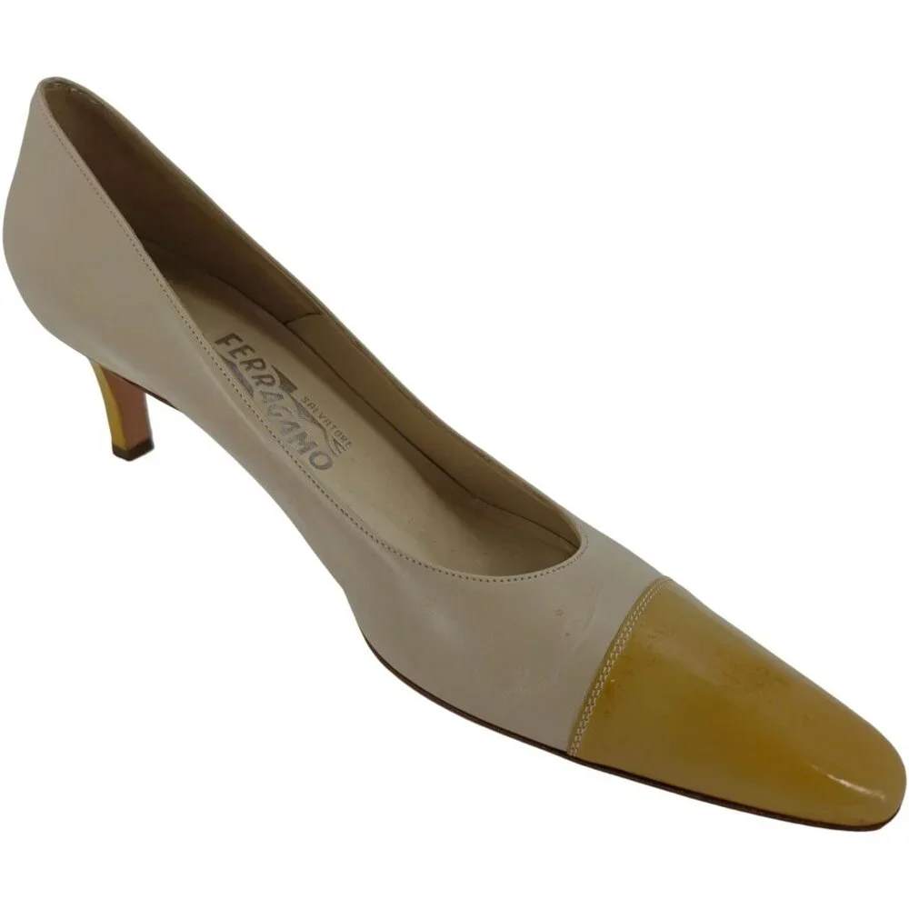 Salvatore Ferragamo Italy Beige Yellow Leather Dress Shoes Womens 8.5 AAAA Heels - Picture 2 of 11
